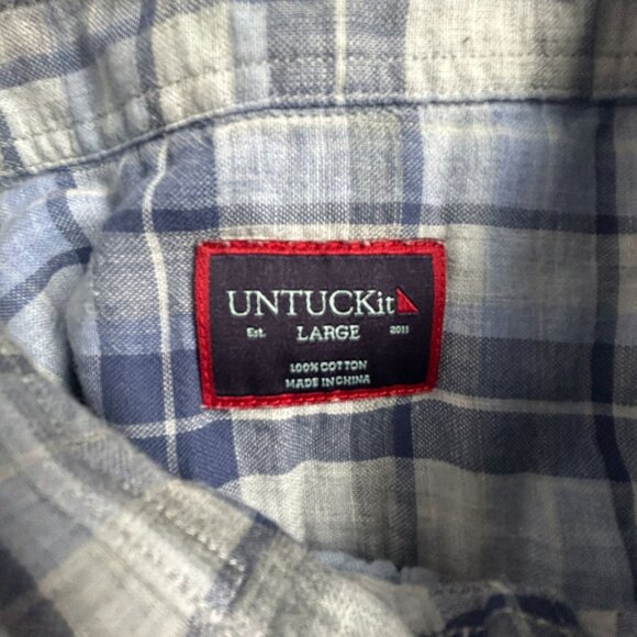 Untuckit Mens Plaid Short Sleeve Button-Down Cotton Benjamin Shirt Large Blue - Picture 3 of 8